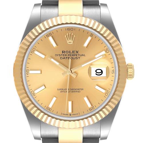 This is a frontal view of the Rolex Datejust 41 126333 Men's Steel and Gold (two tone) Champagne Dial 126333 Men's Steel and Gold (two tone) Champagne Dial watch, showing the dial, bezel, and part of the bracelet.