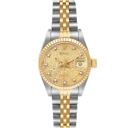 The Rolex Datejust 69173 Women's Steel and Gold (two tone) Champagne Dial 69173 Women's Steel and Gold (two tone) Champagne Dial watch is shown from a front view, highlighting the dial, bezel, crown, and bracelet.