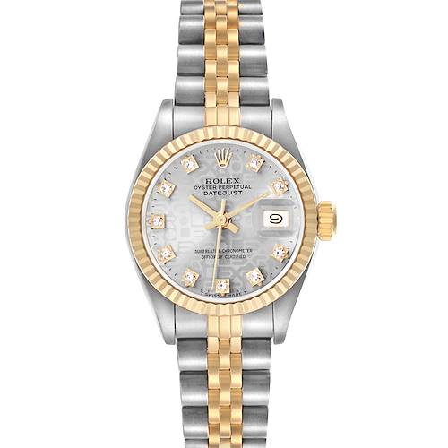The image shows a Rolex Datejust 69173 Women's Steel and Gold (two tone) Silver Dial 69173 Women's Steel and Gold (two tone) Silver Dial watch from a front angle, highlighting the dial, bezel, and bracelet.