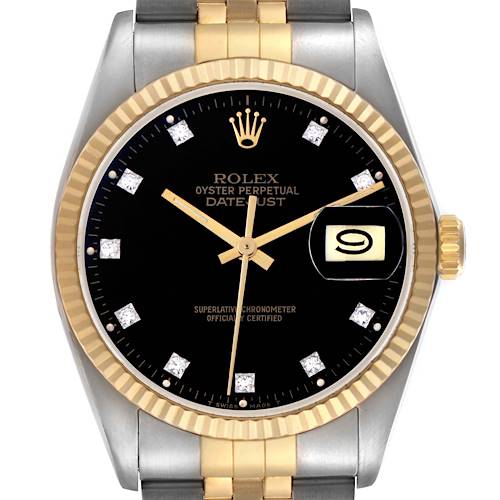 The Rolex Vintage Collection 16013 Men's Steel and Gold (two tone) Black Dial 16013 Men's Steel and Gold (two tone) Black Dial model is shown from the front, highlighting its gold fluted bezel, black dial, and two-tone bracelet.