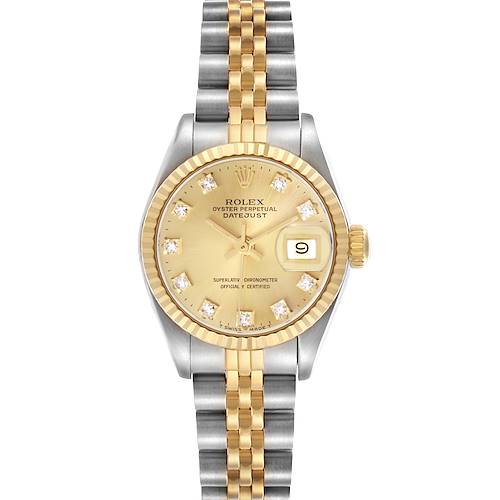 The Rolex Datejust 69173 Women's Steel and Gold (two tone) Champagne Dial 69173 Women's Steel and Gold (two tone) Champagne Dial watch is shown from the front, displaying the face, bracelet, and crown.
