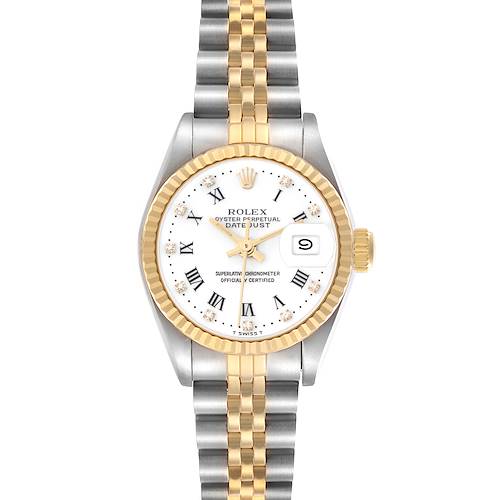 The Rolex Datejust 69173 Women's Steel and Gold (two tone) White Dial 69173 Women's Steel and Gold (two tone) White Dial watch is shown from a top-down angle, displaying the face, bezel, crown, and bracelet.