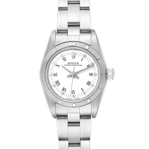 This is a front view of a Rolex Oyster Perpetual 76030 Women's Stainless Steel White Dial 76030 Women's Stainless Steel White Dial watch, showing its face, bezel, and bracelet.
