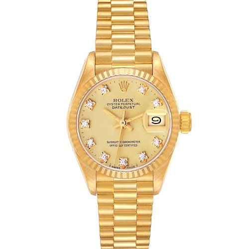 The Rolex President 69178 Women's Yellow Gold Champagne Dial 69178 Women's Yellow Gold Champagne Dial model is shown from the front, highlighting the gold bracelet, dial, bezel, and date feature.