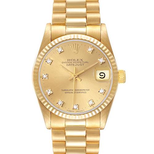 The Rolex President 68278 Women's Yellow Gold Champagne Dial 68278 Women's Yellow Gold Champagne Dial model is shown from the front, highlighting the dial, hour markers, and bracelet.