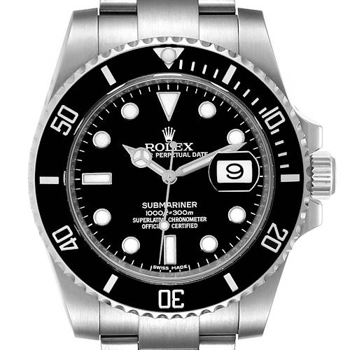 The image shows a front view of the Rolex Submariner 116610 Men's Stainless Steel Black Dial 116610 Men's Stainless Steel Black Dial watch, highlighting the dial, bezel, crown, and part of the bracelet.