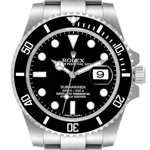 The image shows a front view of a Rolex Submariner 116610 Men's Stainless Steel Black Dial 116610 Men's Stainless Steel Black Dial watch, displaying the dial, bezel, crown, and part of the bracelet.