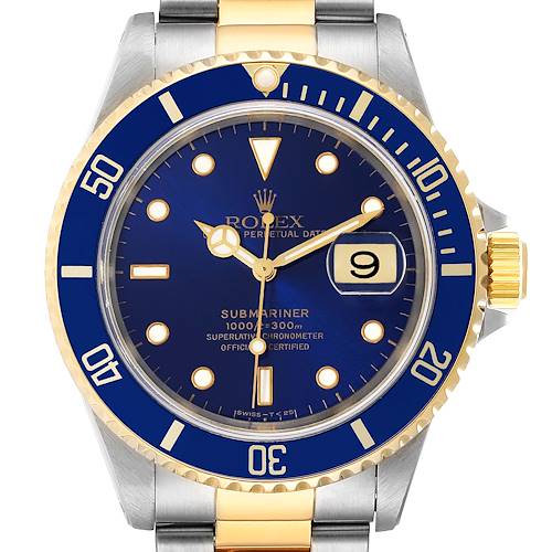 The image shows a front view of a Rolex Submariner 16613 Men's Steel and Gold (two tone) Blue Dial 16613 Men's Steel and Gold (two tone) Blue Dial watch, highlighting its blue dial, bezel, and part of the bracelet.