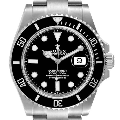 The image shows a front view of the Rolex Submariner 126610 Men's Stainless Steel Black Dial 126610 Men's Stainless Steel Black Dial watch, including its dial, bezel, and portion of the bracelet.