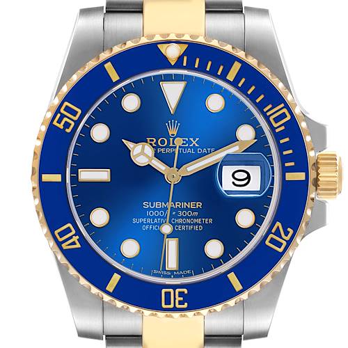 The Rolex Submariner 116613 Men's Steel and Gold (two tone) Blue Dial 116613 Men's Steel and Gold (two tone) Blue Dial watch is shown from a front angle, highlighting its blue dial, bezel, and golden crown.