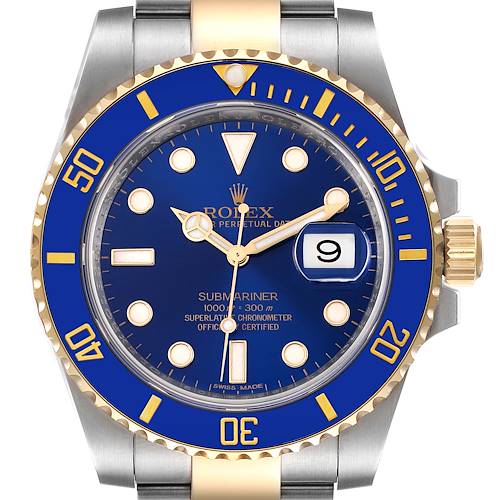The image shows a front view of the Rolex Submariner 116613 Men's Steel and Gold (two tone) Blue Dial 116613 Men's Steel and Gold (two tone) Blue Dial watch, highlighting its blue dial, gold accents, and date window.