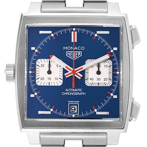 The image shows a frontal view of a Tag Heuer Monaco CAW211P Men's Stainless Steel Blue Dial CAW211P Men's Stainless Steel Blue Dial watch with a blue dial and two sub-dials.