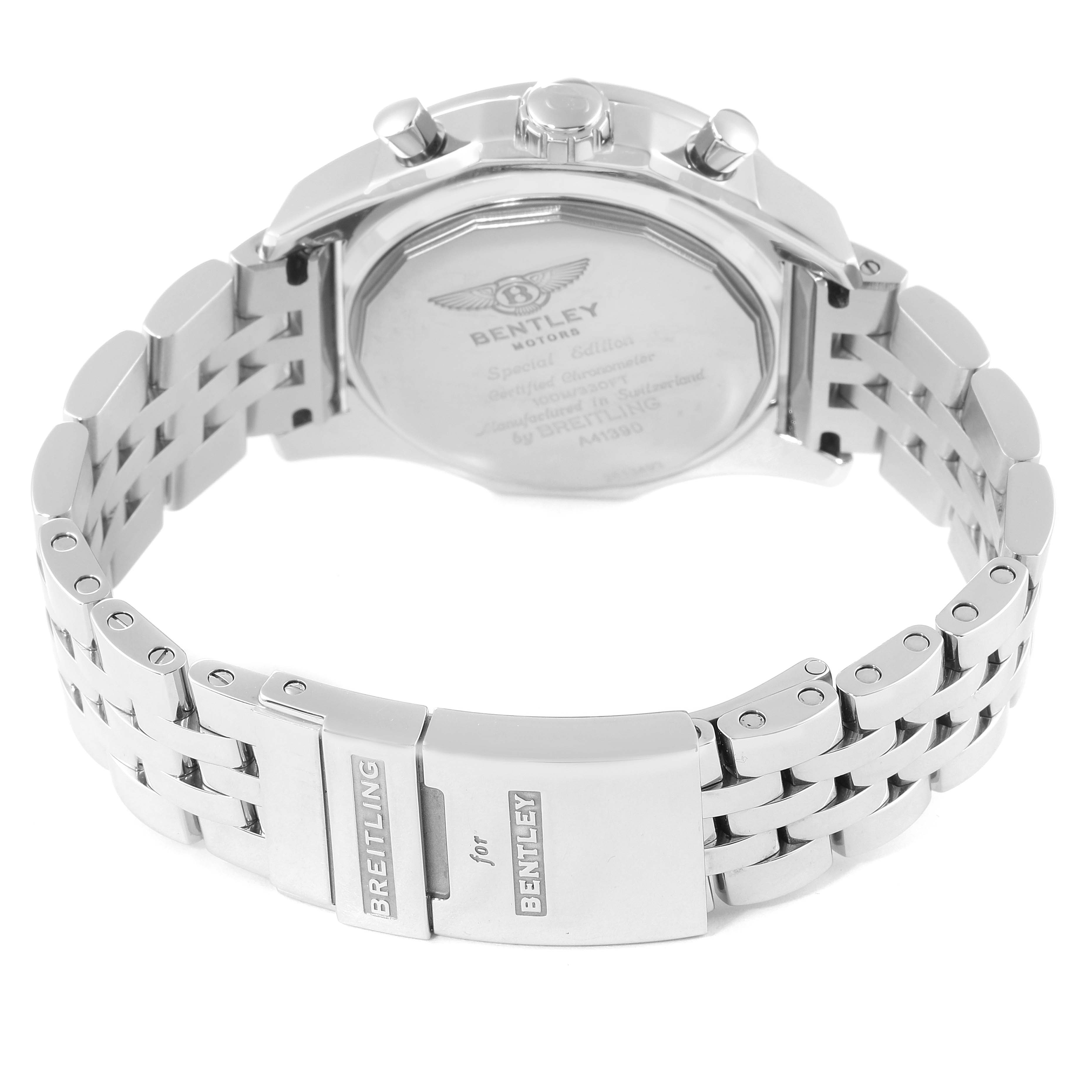 The image shows the back case and bracelet clasp of a Breitling Bentley A41390 Men's Stainless Steel Silver Dial A41390 Men's Stainless Steel Silver Dial watch.