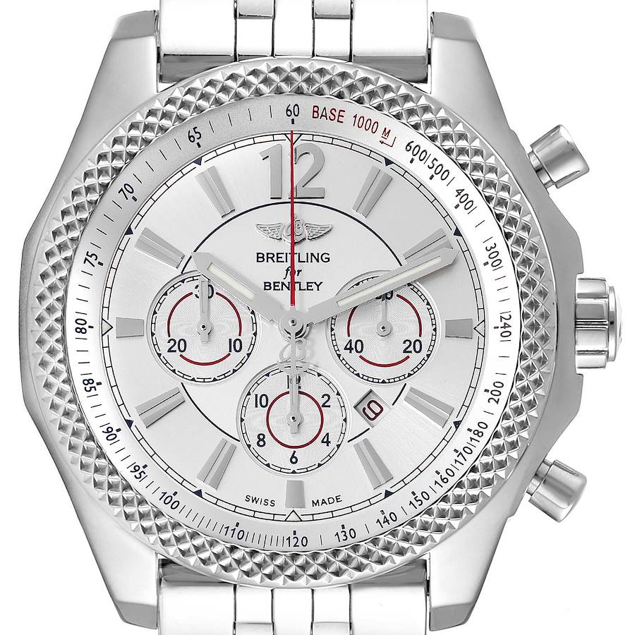 The image shows a front view of a Breitling Bentley A41390 Men's Stainless Steel Silver Dial A41390 Men's Stainless Steel Silver Dial model watch, highlighting the face, dial, and chronograph sub-dials.