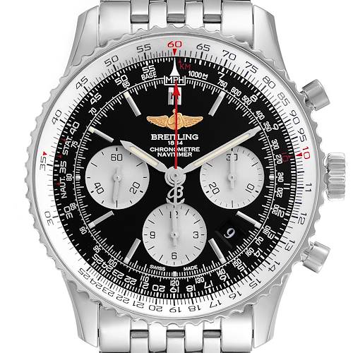 The Breitling Navitimer AB0120 Men's Stainless Steel Black Dial AB0120 Men's Stainless Steel Black Dial watch is shown from a front angle, displaying the dial, bezel, subdials, and bracelet.