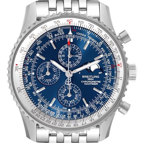 This image shows a front-view angle of a Breitling Navitimer A19370 Men's Stainless Steel Blue Dial A19370 Men's Stainless Steel Blue Dial watch, highlighting its detailed blue dial, bezel, and stainless steel bracelet.