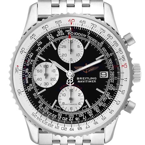 The image shows a close-up view of the Breitling Navitimer A13330 Men's Stainless Steel Black Dial A13330 Men's Stainless Steel Black Dial model watch, highlighting its face, bezel, and partial bracelet.
