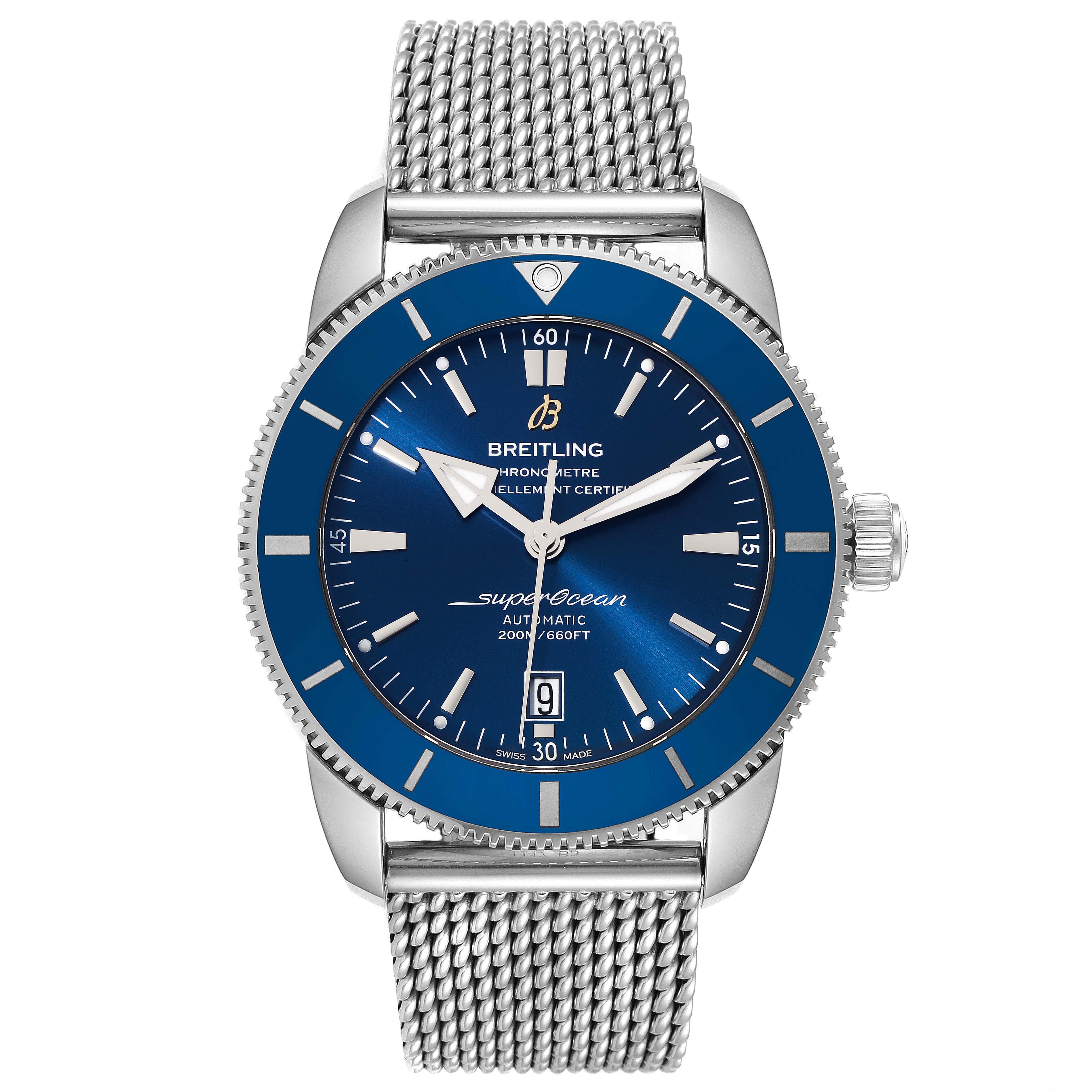 The image shows a front view of the Breitling Superocean AB202016-C961-152A Men's Stainless Steel Blue Dial AB202016-C961-152A Men's Stainless Steel Blue Dial watch, showcasing its blue dial, date display, and stainless steel mesh strap.