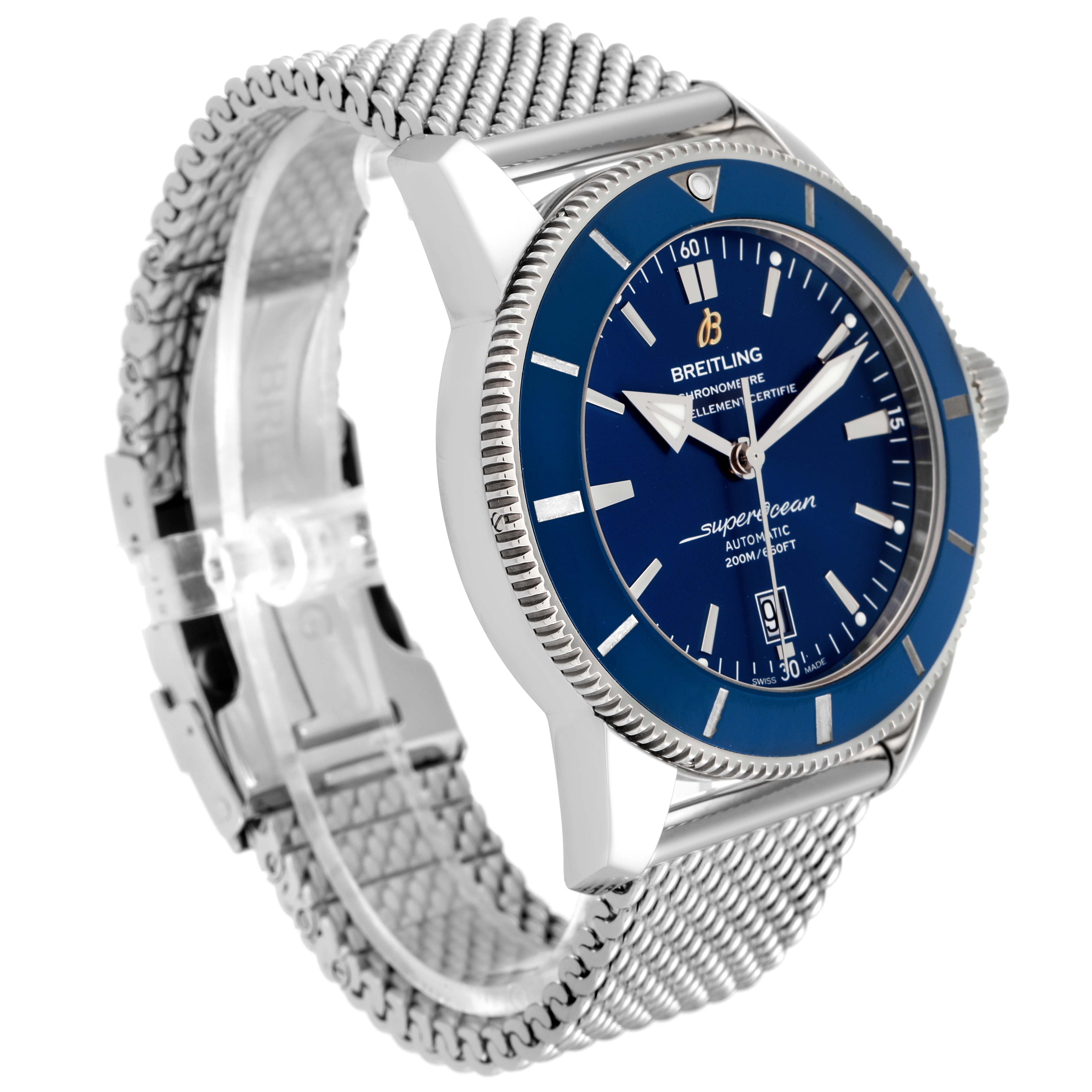 The image shows a Breitling Superocean AB202016-C961-152A Men's Stainless Steel Blue Dial AB202016-C961-152A Men's Stainless Steel Blue Dial watch angled from the front-left side, highlighting its blue dial, bezel, and metal bracelet.