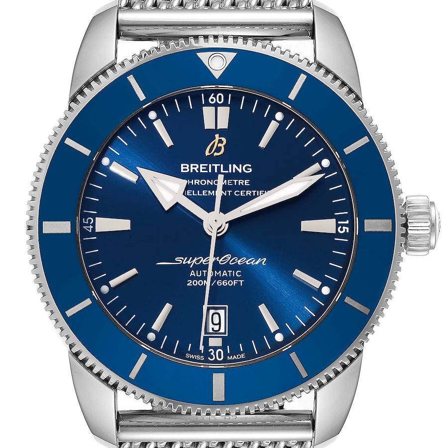 This image shows a front view of the dial and bezel of a Breitling Superocean AB202016-C961-152A Men's Stainless Steel Blue Dial AB202016-C961-152A Men's Stainless Steel Blue Dial watch, highlighting the hands, indices, date window, and branding.