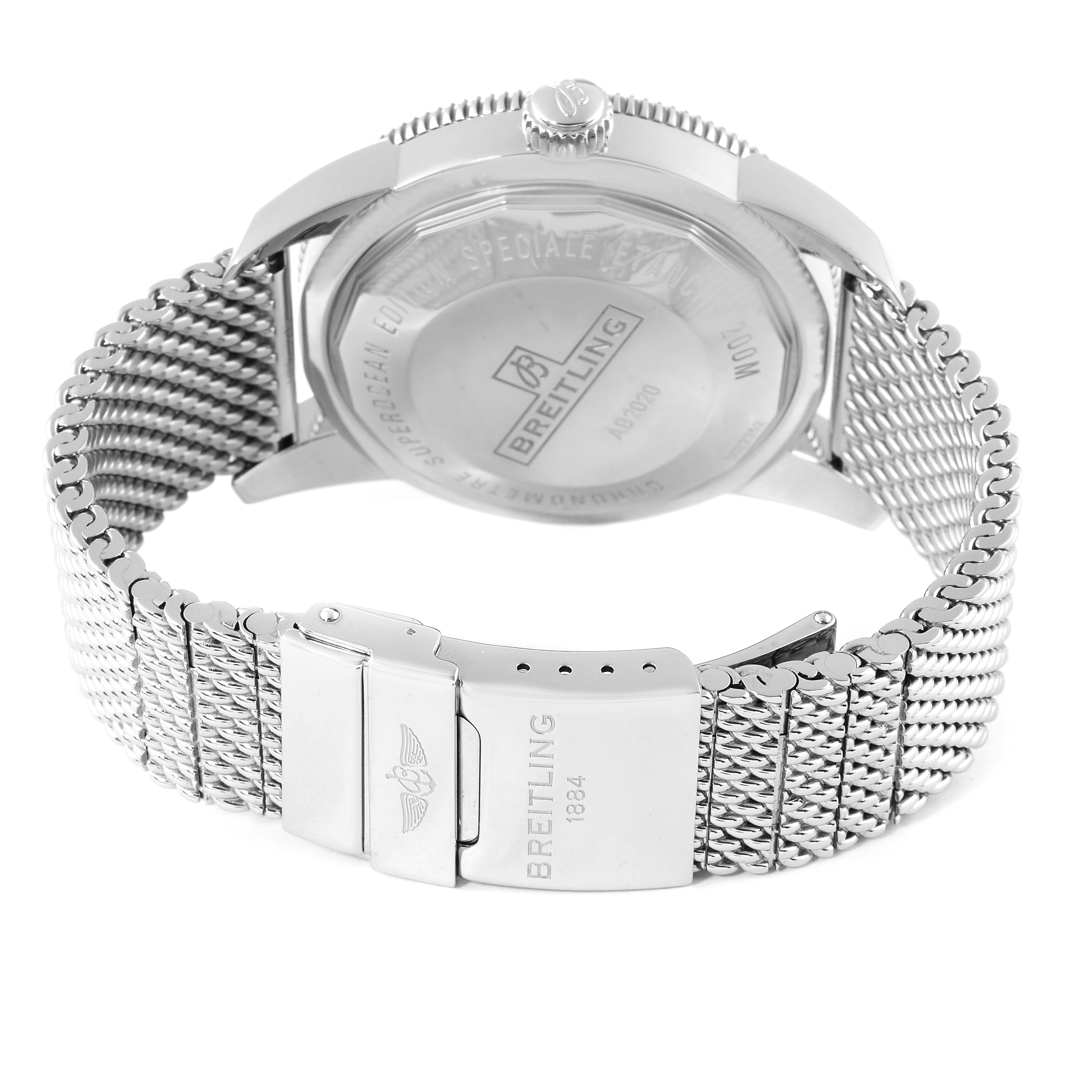 The image shows the back casing and mesh bracelet of the Breitling Superocean AB202016-C961-152A Men's Stainless Steel Blue Dial AB202016-C961-152A Men's Stainless Steel Blue Dial watch from a rear angle.