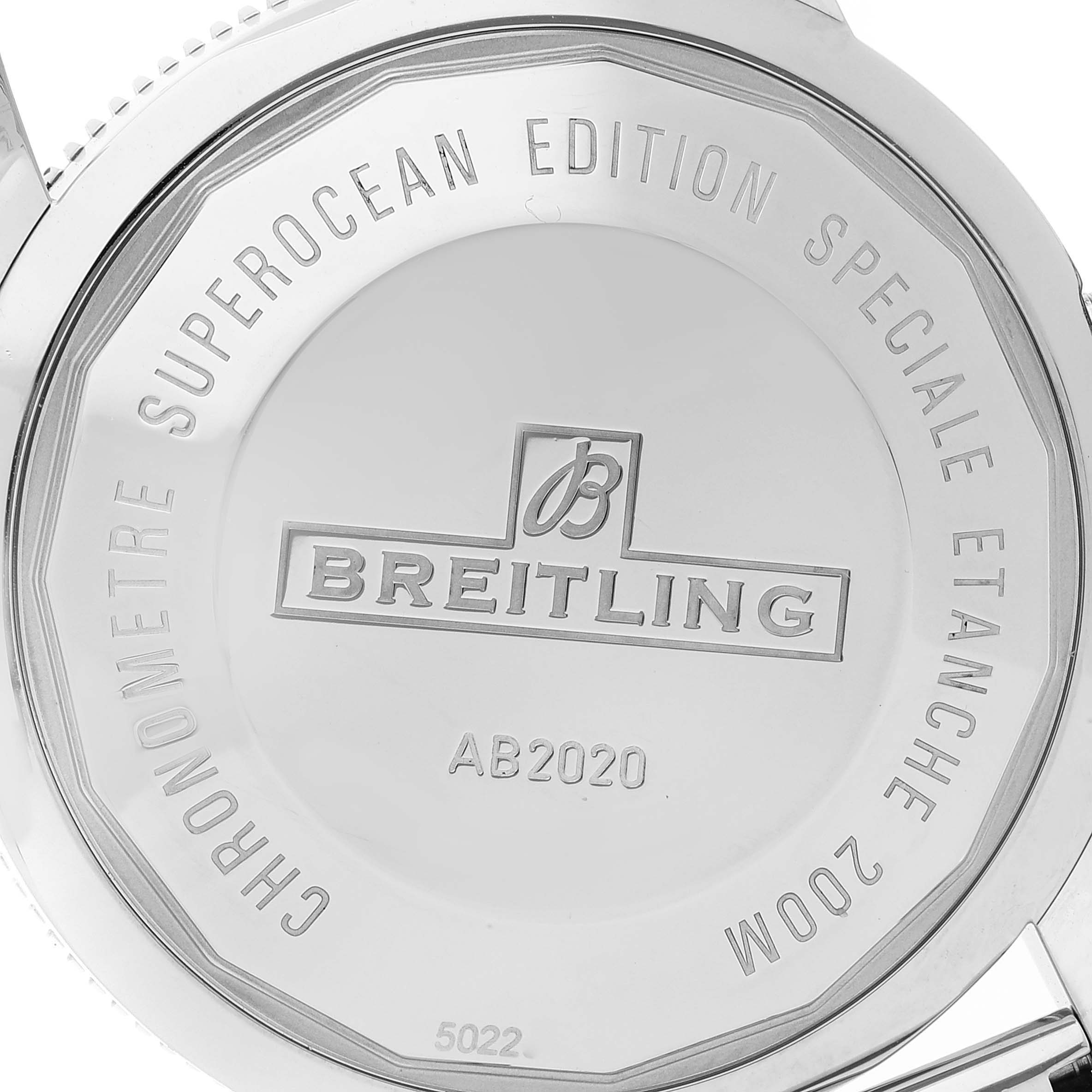 This image shows the case back of a Breitling Superocean AB202016-C961-152A Men's Stainless Steel Blue Dial AB202016-C961-152A Men's Stainless Steel Blue Dial model, highlighting the engraving and model details.