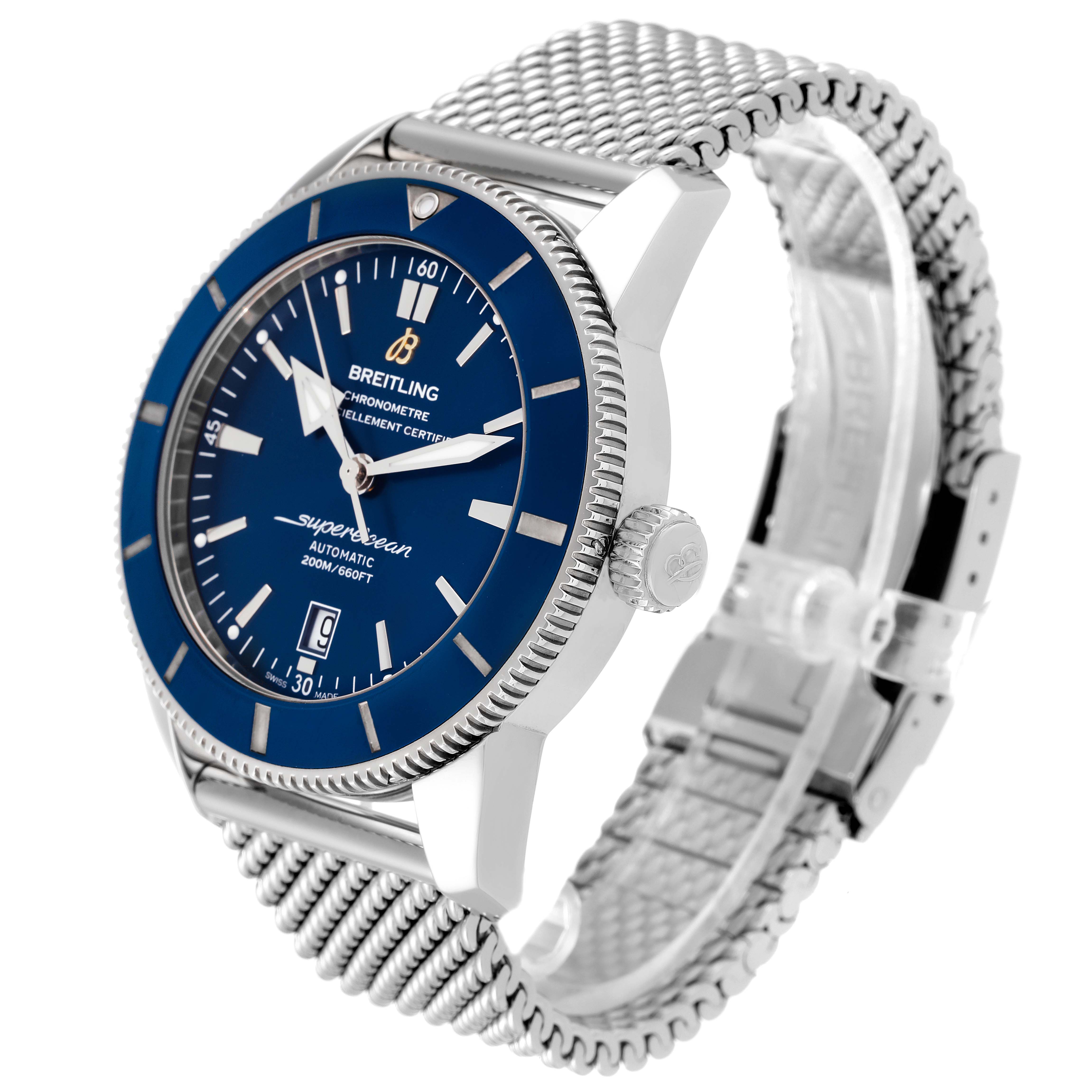 This image shows a side angle of the Breitling Superocean AB202016-C961-152A Men's Stainless Steel Blue Dial AB202016-C961-152A Men's Stainless Steel Blue Dial watch, highlighting the dial, bezel, crown, and mesh bracelet.
