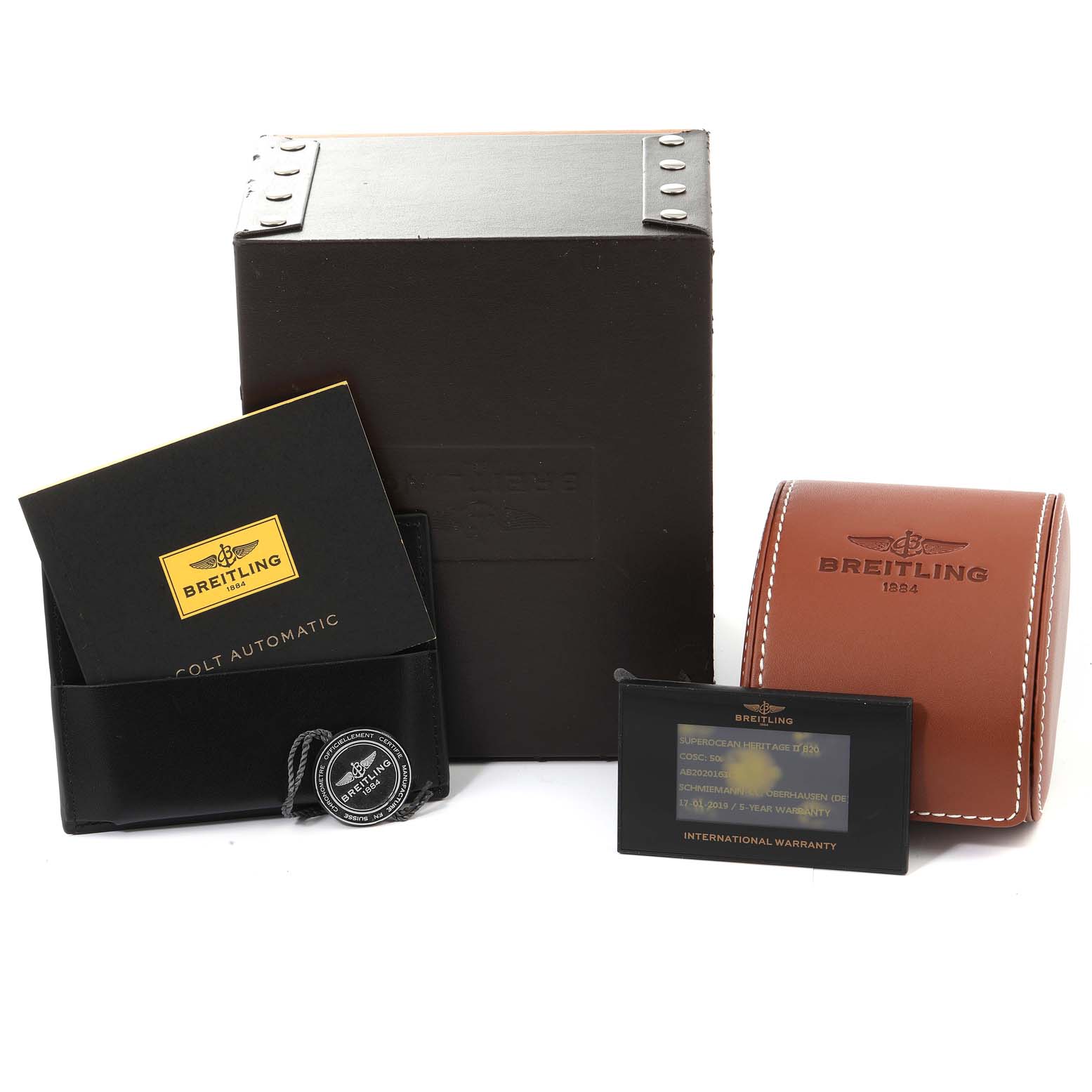 The image shows the packaging, international warranty card, and documentation for the Breitling Superocean AB202016-C961-152A Men's Stainless Steel Blue Dial AB202016-C961-152A Men's Stainless Steel Blue Dial model.