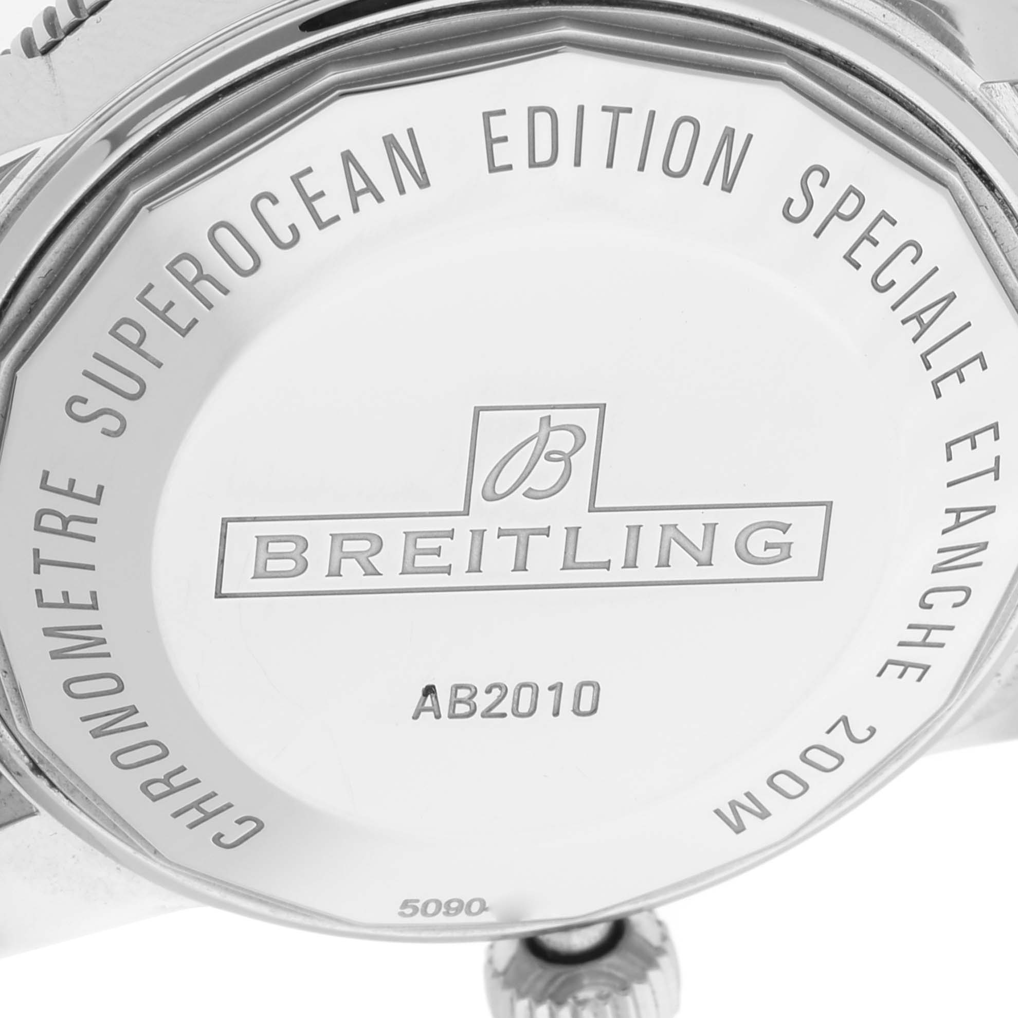 The image shows the back case of the Breitling Superocean AB2010161C1A1 Men's Stainless Steel Black Dial AB2010161C1A1 Men's Stainless Steel Black Dial model, highlighting the brand, model information, and water resistance rating.