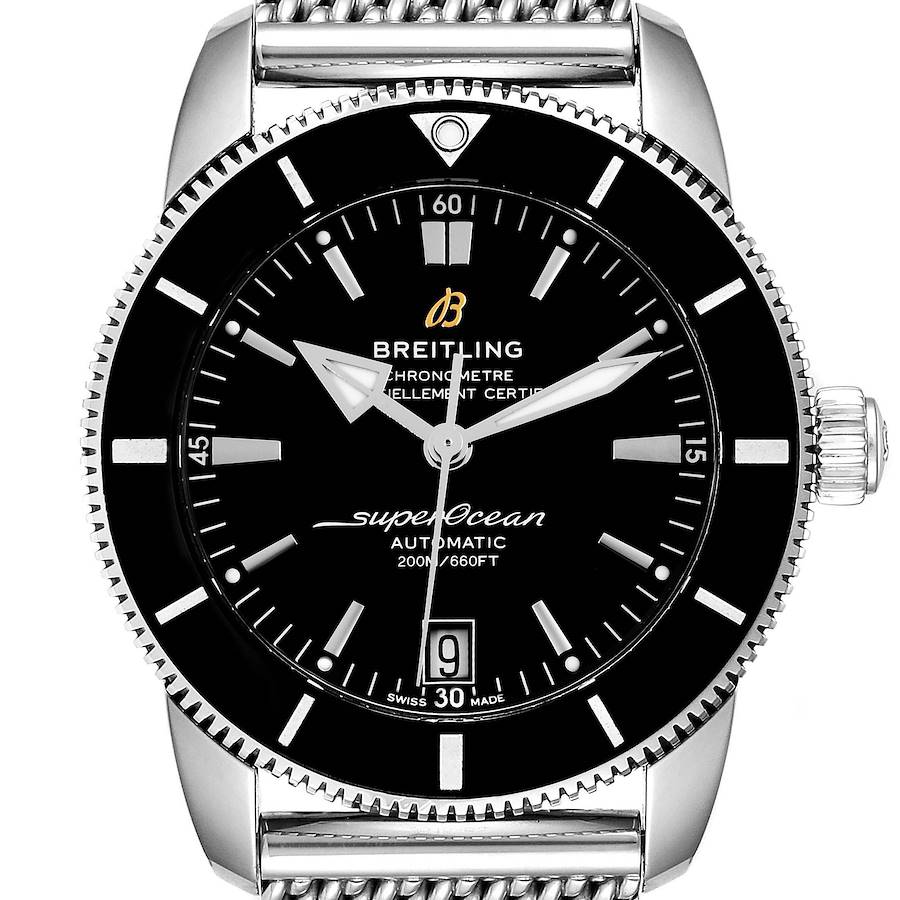 The image shows a front view of a Breitling Superocean AB2010161C1A1 Men's Stainless Steel Black Dial AB2010161C1A1 Men's Stainless Steel Black Dial watch, highlighting the dial, bezel, crown, and part of the bracelet.