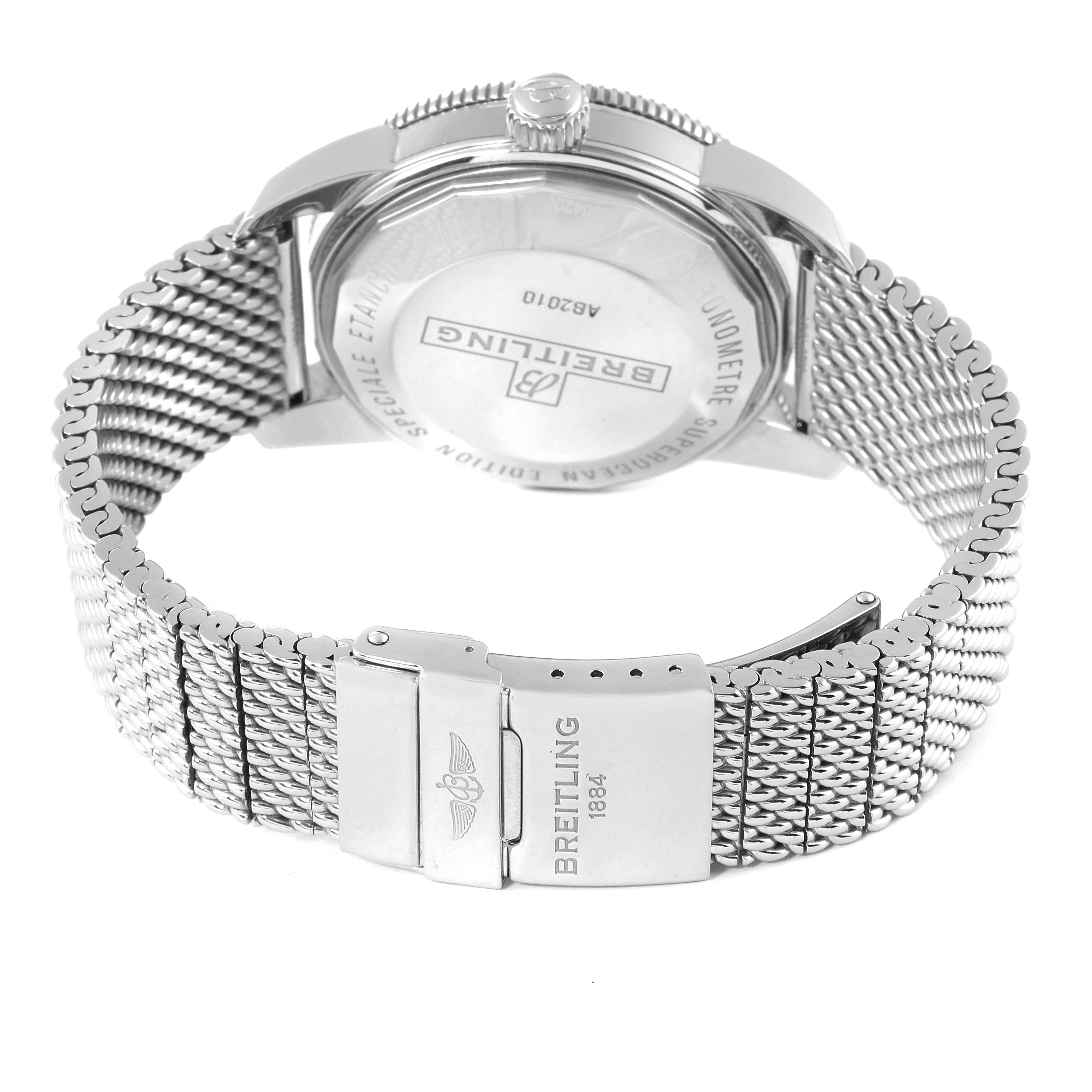 The image shows the back view of a Breitling Superocean AB2010161C1A1 Men's Stainless Steel Black Dial AB2010161C1A1 Men's Stainless Steel Black Dial watch, including its case back, crown, and stainless steel mesh bracelet.