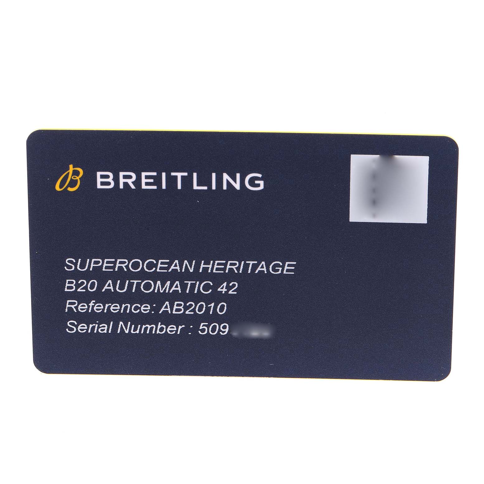 The image shows a Breitling Superocean AB2010161C1A1 Men's Stainless Steel Black Dial AB2010161C1A1 Men's Stainless Steel Black Dial Heritage B20 Automatic 42 authentication card with details including reference and serial number.