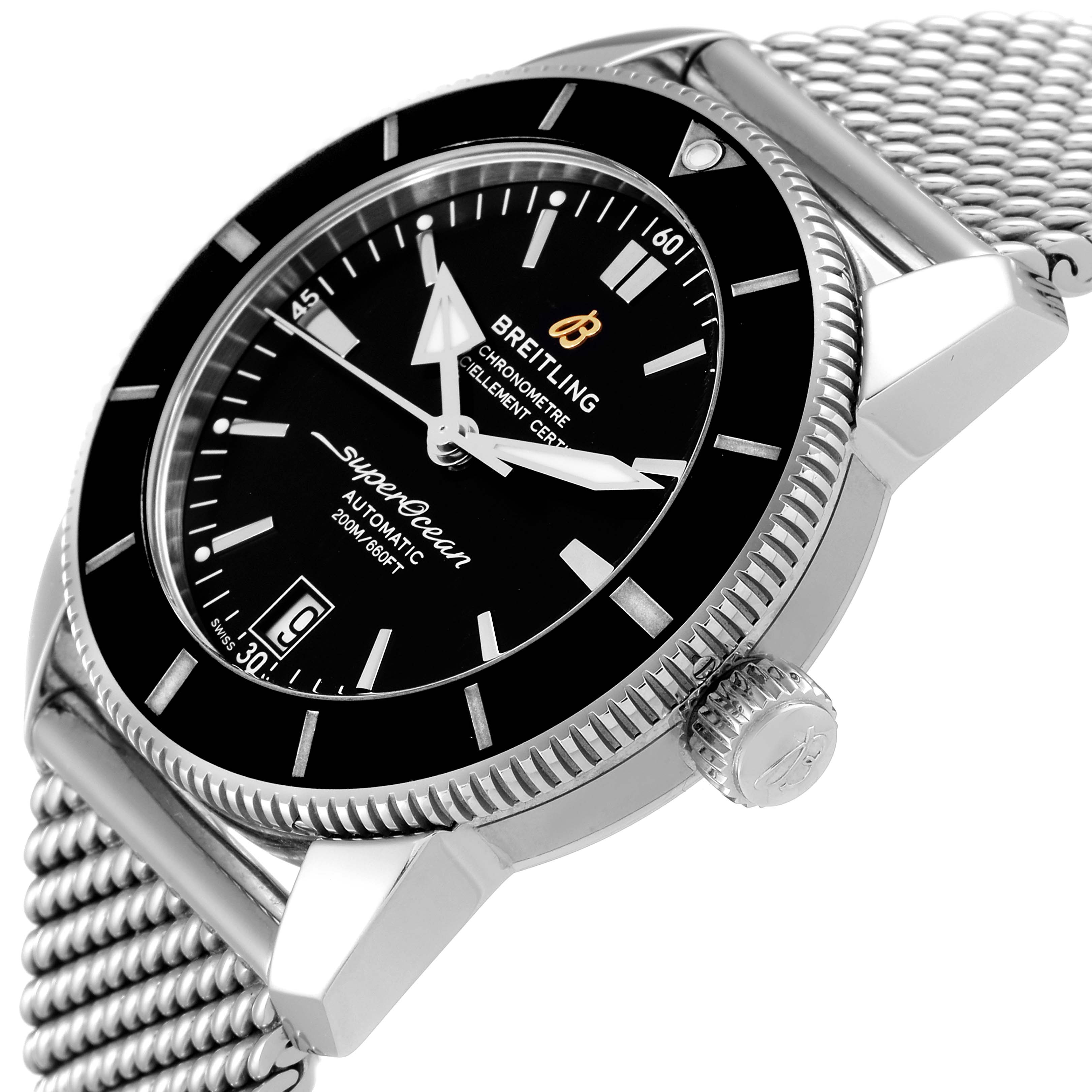 This is a close-up angle of the Breitling Superocean AB2010161C1A1 Men's Stainless Steel Black Dial AB2010161C1A1 Men's Stainless Steel Black Dial watch showing the dial, bezel, crown, and mesh bracelet.