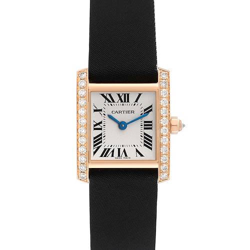 This image shows a front view of the Cartier Tank Française watch, featuring a rectangular face, black strap, and diamond accents on the bezel.