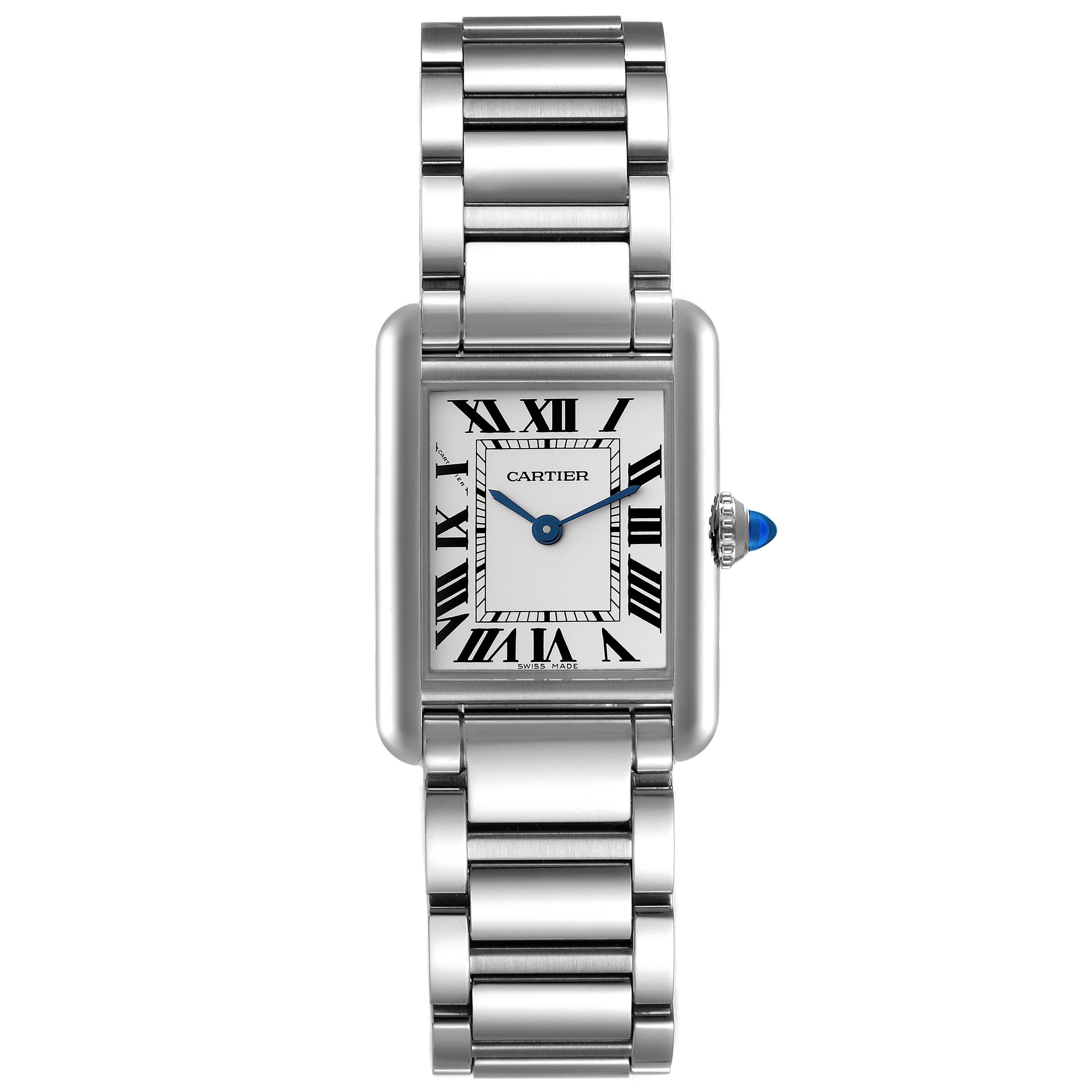 The Cartier Tank Must WSTA0051 Women's Stainless Steel Silver Dial WSTA0051 Women's Stainless Steel Silver Dial watch is shown from a front angle, displaying its face, Roman numerals, and band.