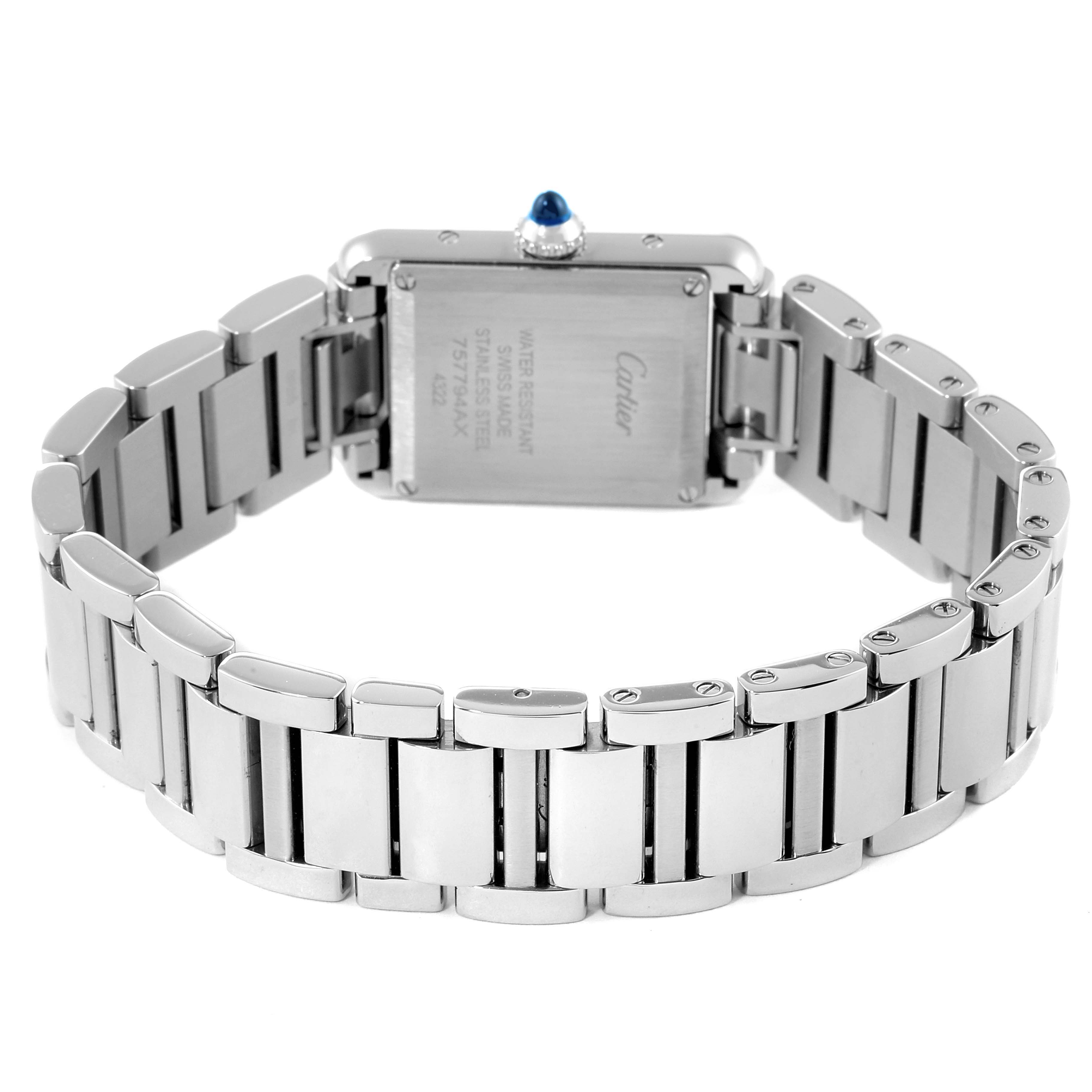 This image shows the back case and bracelet of the Cartier Tank Must WSTA0051 Women's Stainless Steel Silver Dial WSTA0051 Women's Stainless Steel Silver Dial watch, highlighting the clasp and detailing.