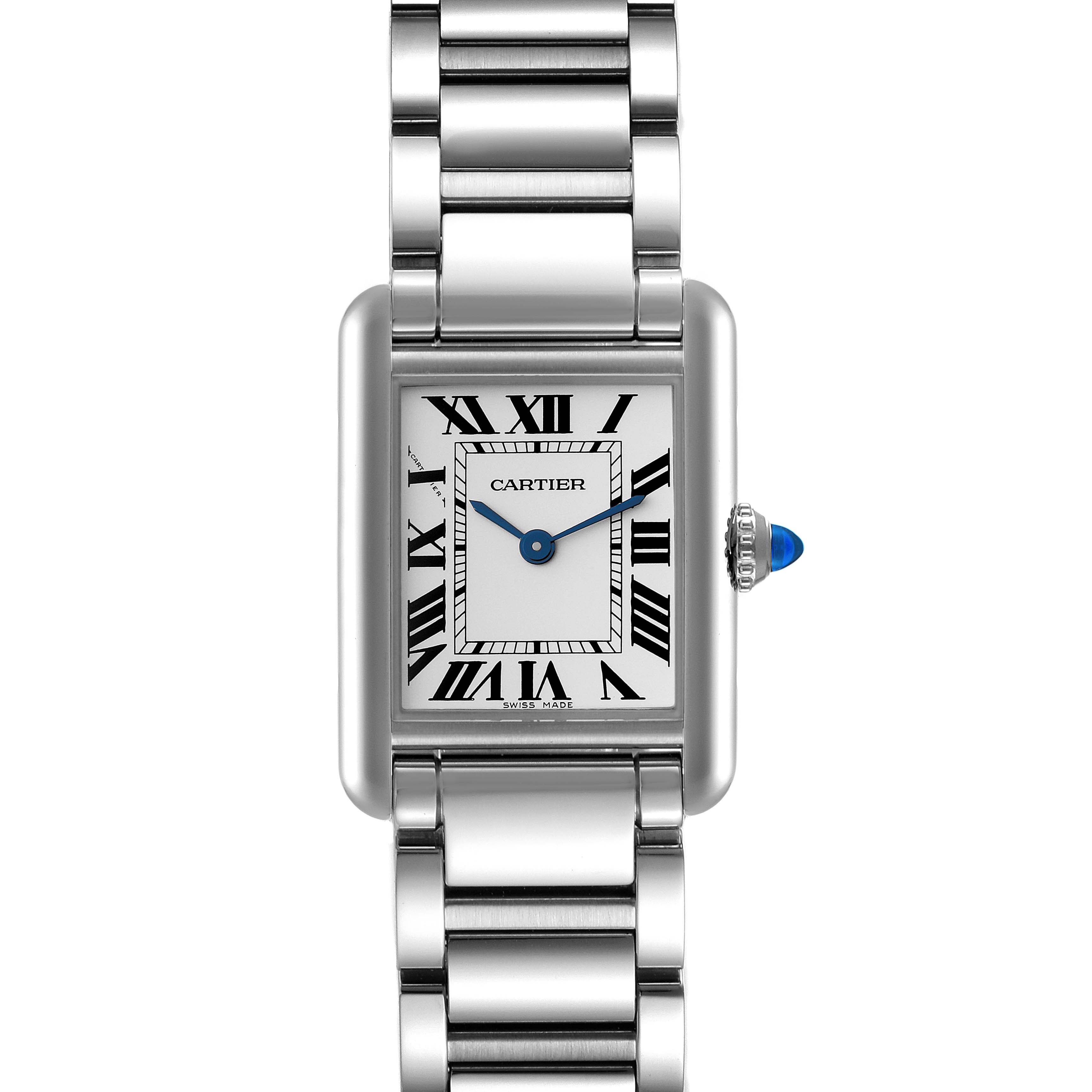 This image shows a front view of the Cartier Tank Must WSTA0051 Women's Stainless Steel Silver Dial WSTA0051 Women's Stainless Steel Silver Dial watch, displaying its rectangular face and metal bracelet.