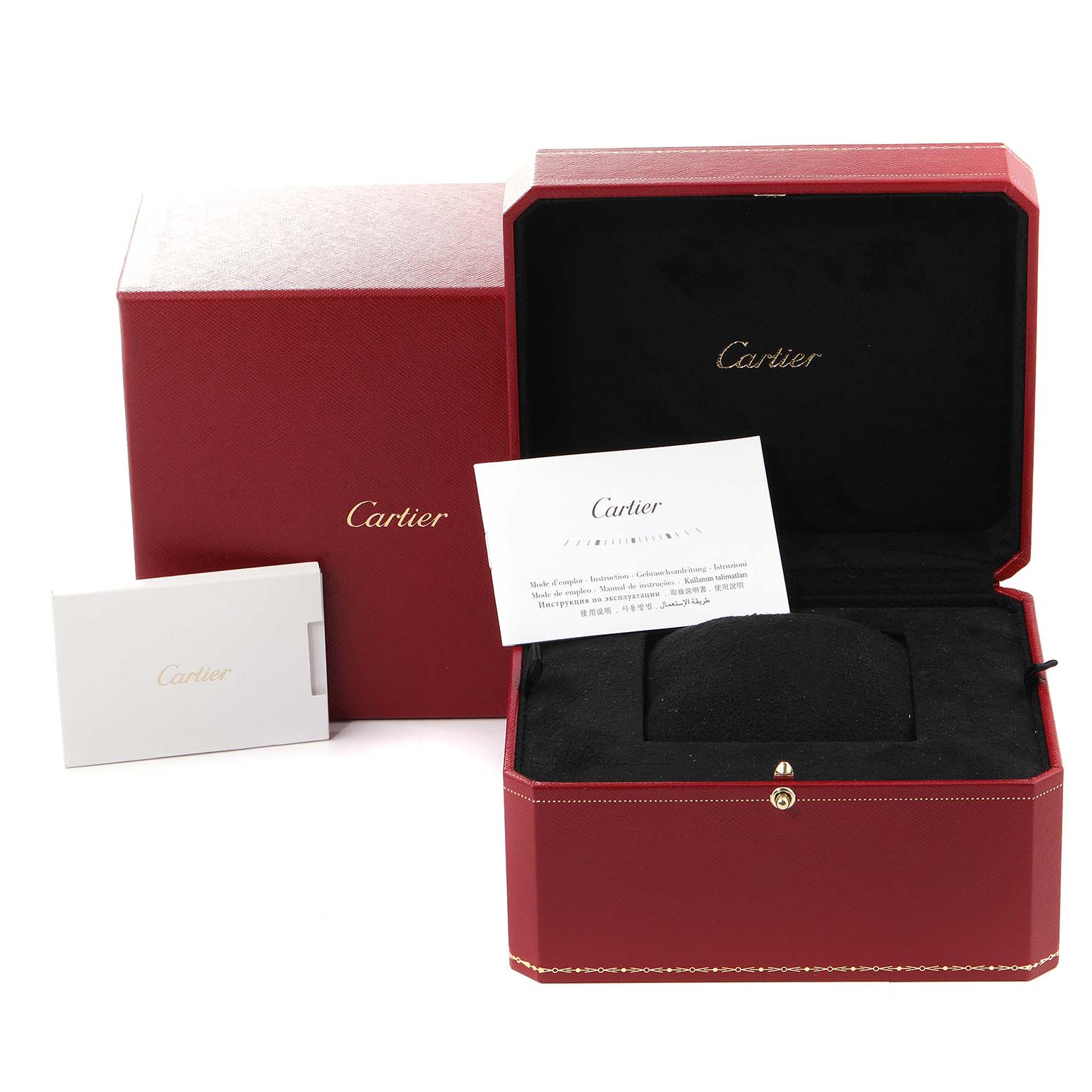 The image shows the Cartier Tank Must WSTA0051 Women's Stainless Steel Silver Dial WSTA0051 Women's Stainless Steel Silver Dial watch packaging, including the box, cushion, and documentation, viewed from the front.