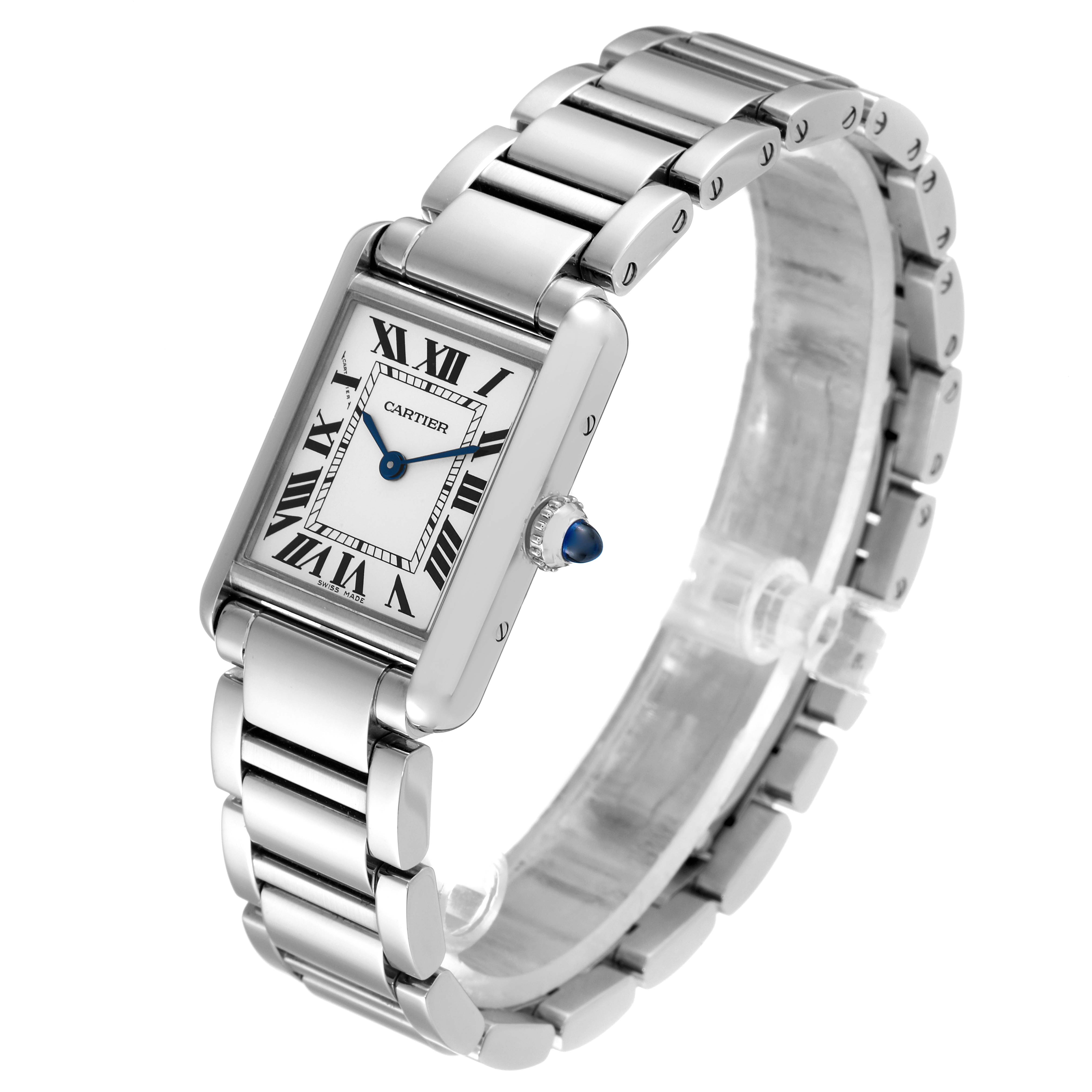 This image shows an angled view of the Cartier Tank Must WSTA0051 Women's Stainless Steel Silver Dial WSTA0051 Women's Stainless Steel Silver Dial watch, featuring the face, bracelet, and crown with a blue cabochon.