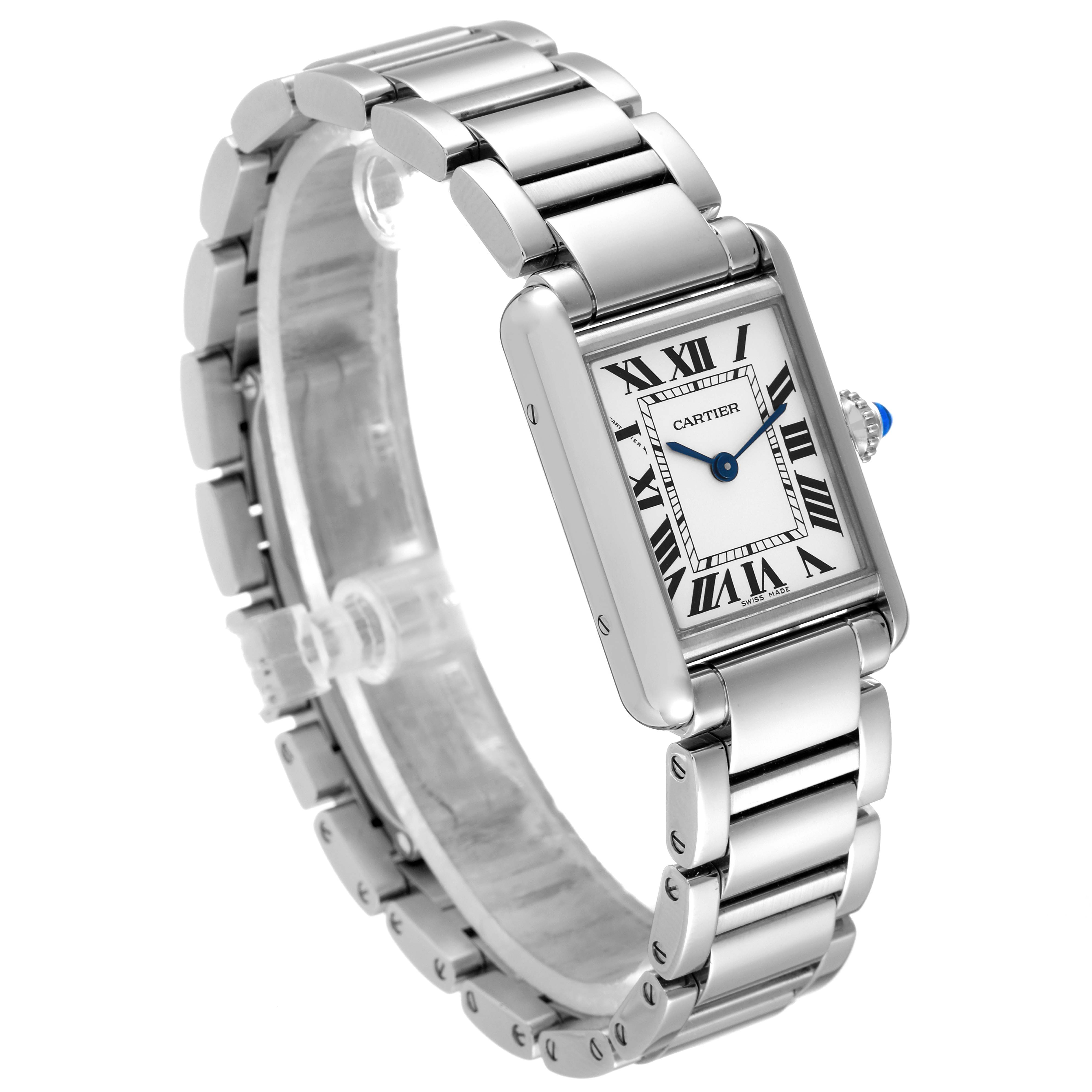 The image shows a Cartier Tank Must WSTA0051 Women's Stainless Steel Silver Dial WSTA0051 Women's Stainless Steel Silver Dial watch at a three-quarter angle, showcasing its rectangular face, Roman numerals, and metal bracelet.
