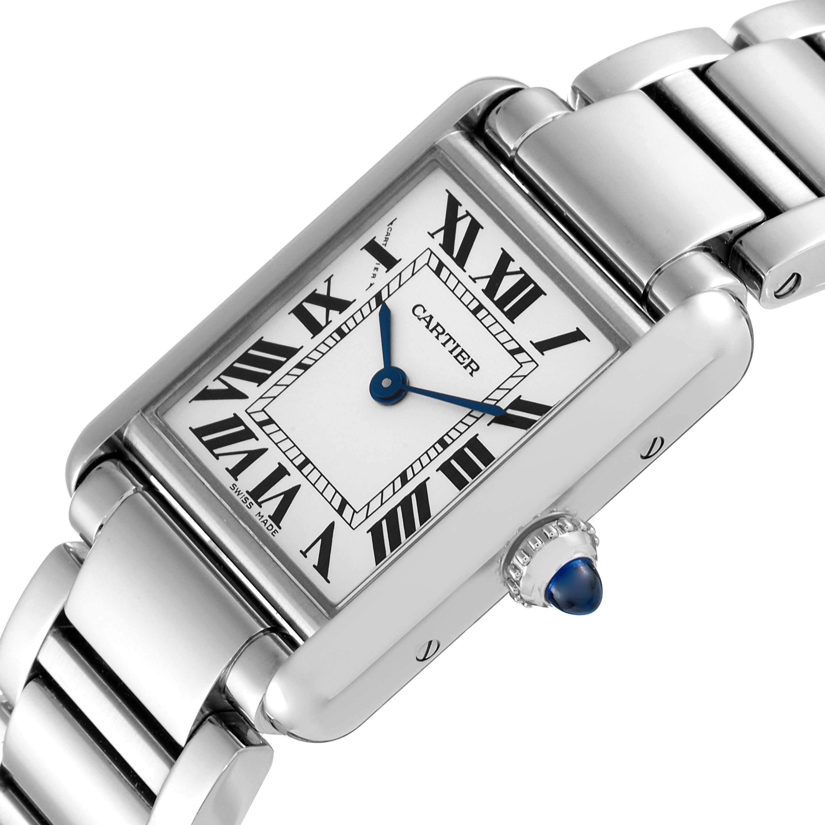 The Tank Must model by Cartier is shown at an angle highlighting its face, crown, and metallic bracelet.