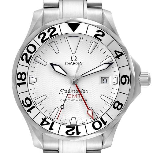 The Omega Seamaster 2538.20.00 Men's Stainless Steel White Dial 2538.20.00 Men's Stainless Steel White Dial GMT watch is shown from the front, displaying its face, bezel, crown, and part of the bracelet.