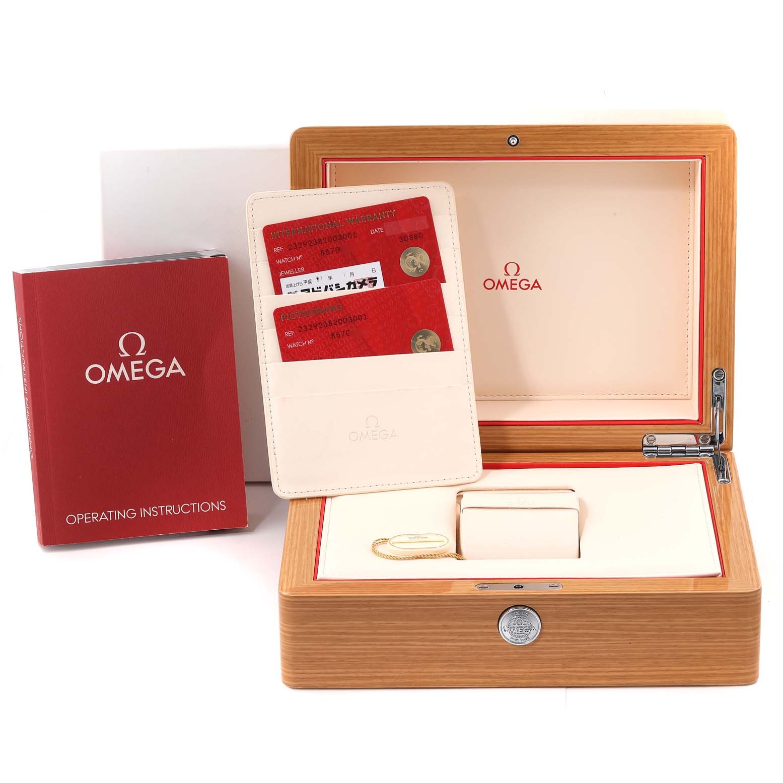 The image shows the packaging, warranty cards, and operating instructions for an Omega Planet Ocean 232.92.38.20.03.001 Men's Titanium Blue Dial 232.92.38.20.03.001 Men's Titanium Blue Dial watch.