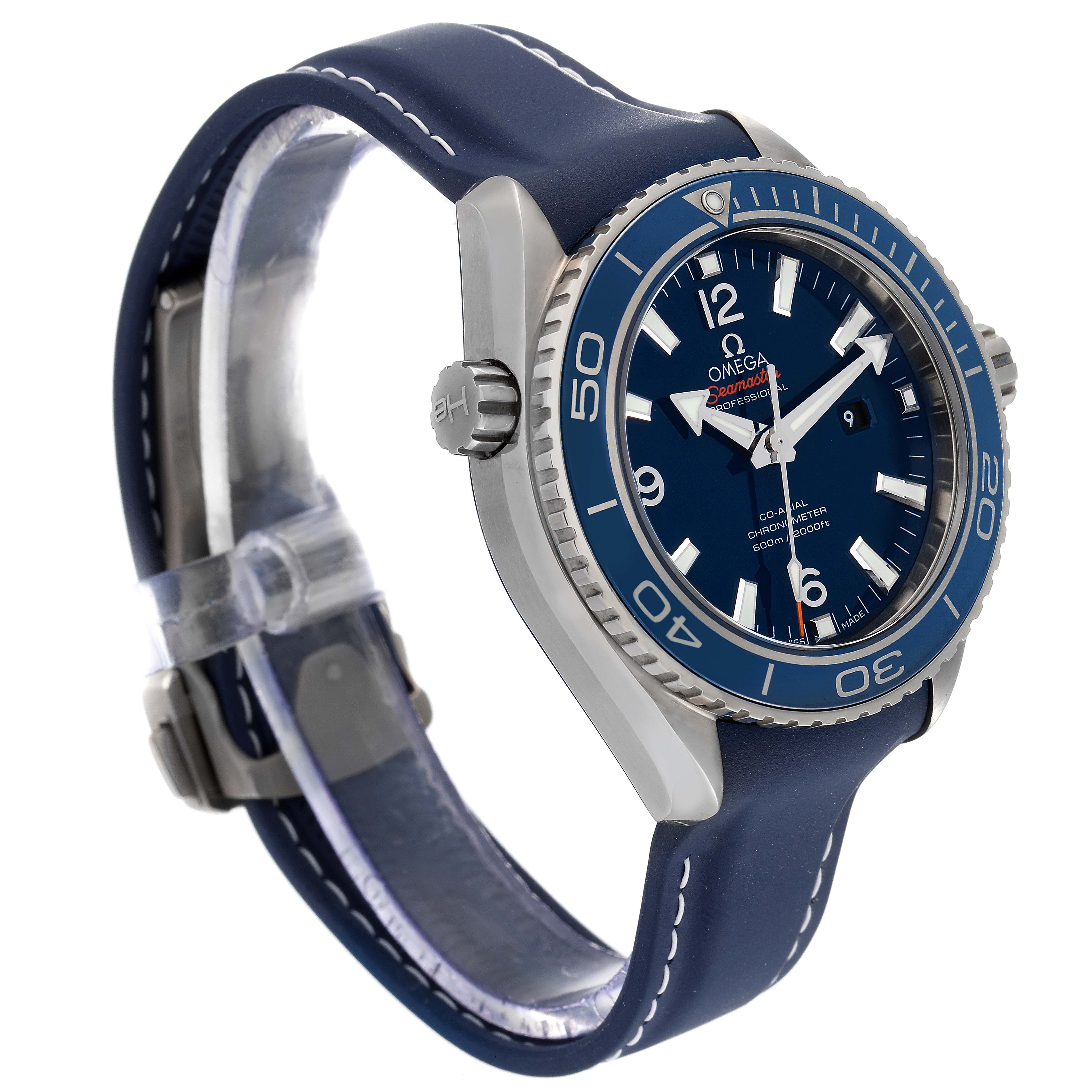 This image shows the Omega Planet Ocean 232.92.38.20.03.001 Men's Titanium Blue Dial 232.92.38.20.03.001 Men's Titanium Blue Dial watch at an angle displaying the face, bezel, crown, and strap.