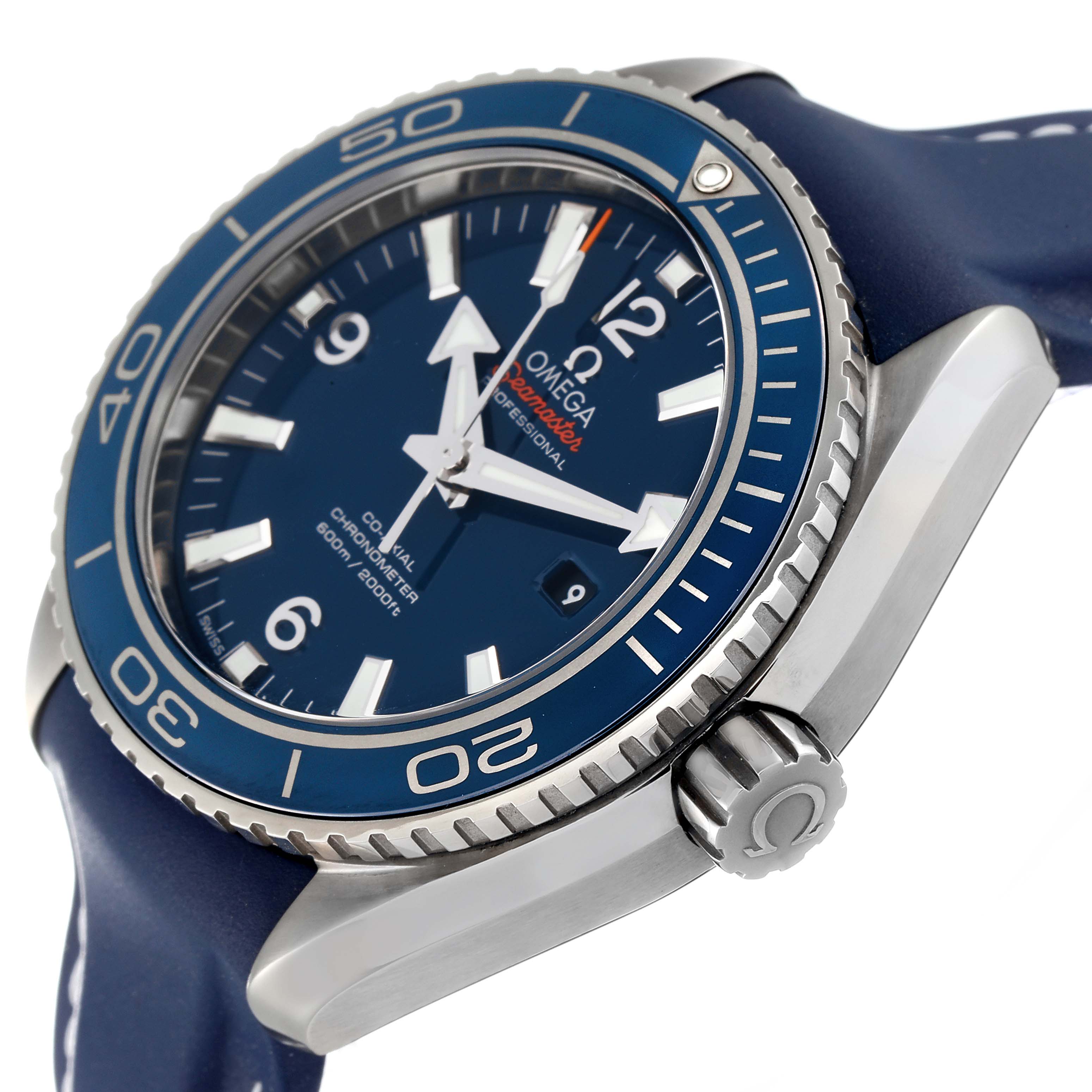 The image shows a close-up angled view of an Omega Planet Ocean 232.92.38.20.03.001 Men's Titanium Blue Dial 232.92.38.20.03.001 Men's Titanium Blue Dial watch, highlighting the dial, bezel, and crown.