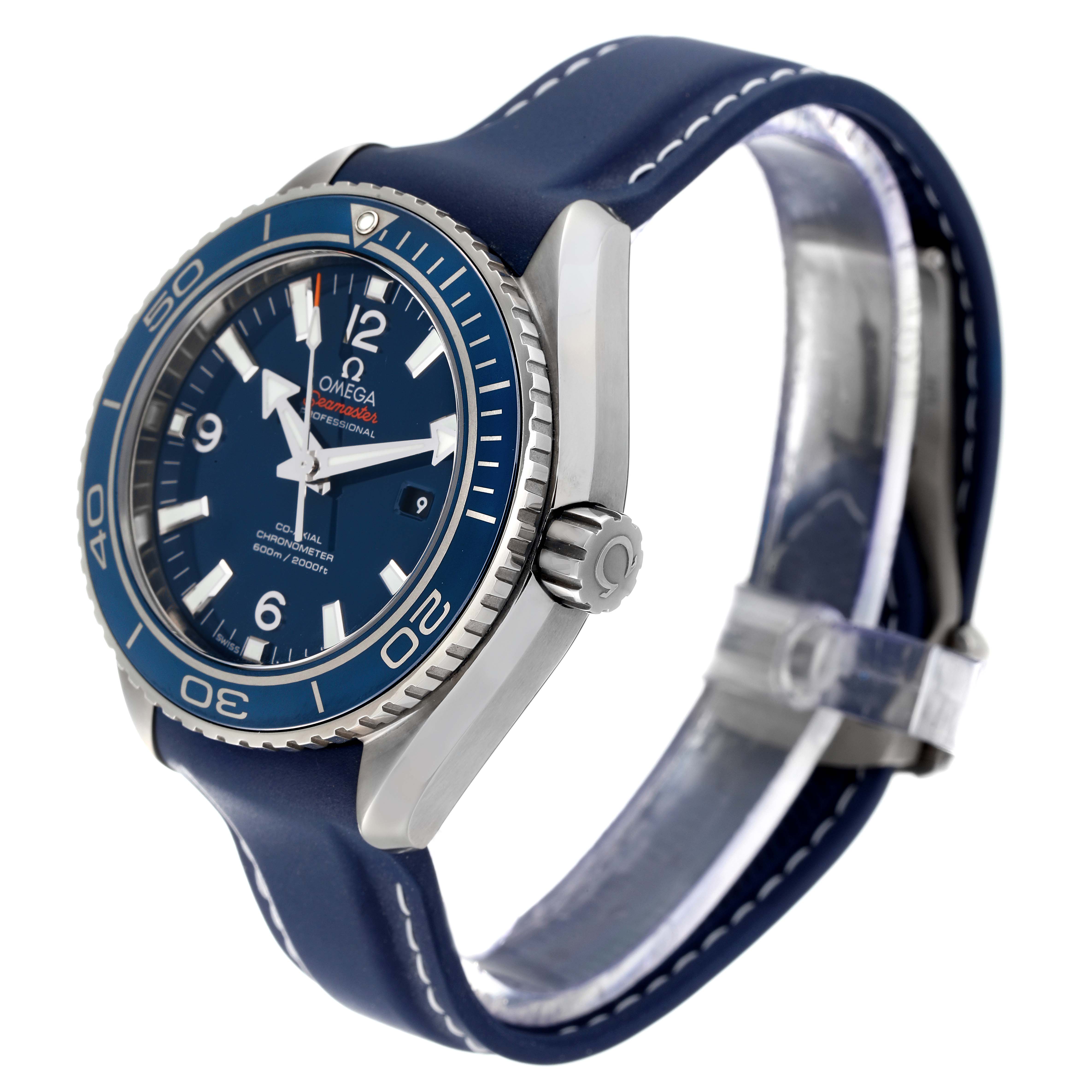 The Omega Planet Ocean 232.92.38.20.03.001 Men's Titanium Blue Dial 232.92.38.20.03.001 Men's Titanium Blue Dial watch is shown at a slight angle, displaying the face, bezel, crown, and strap.