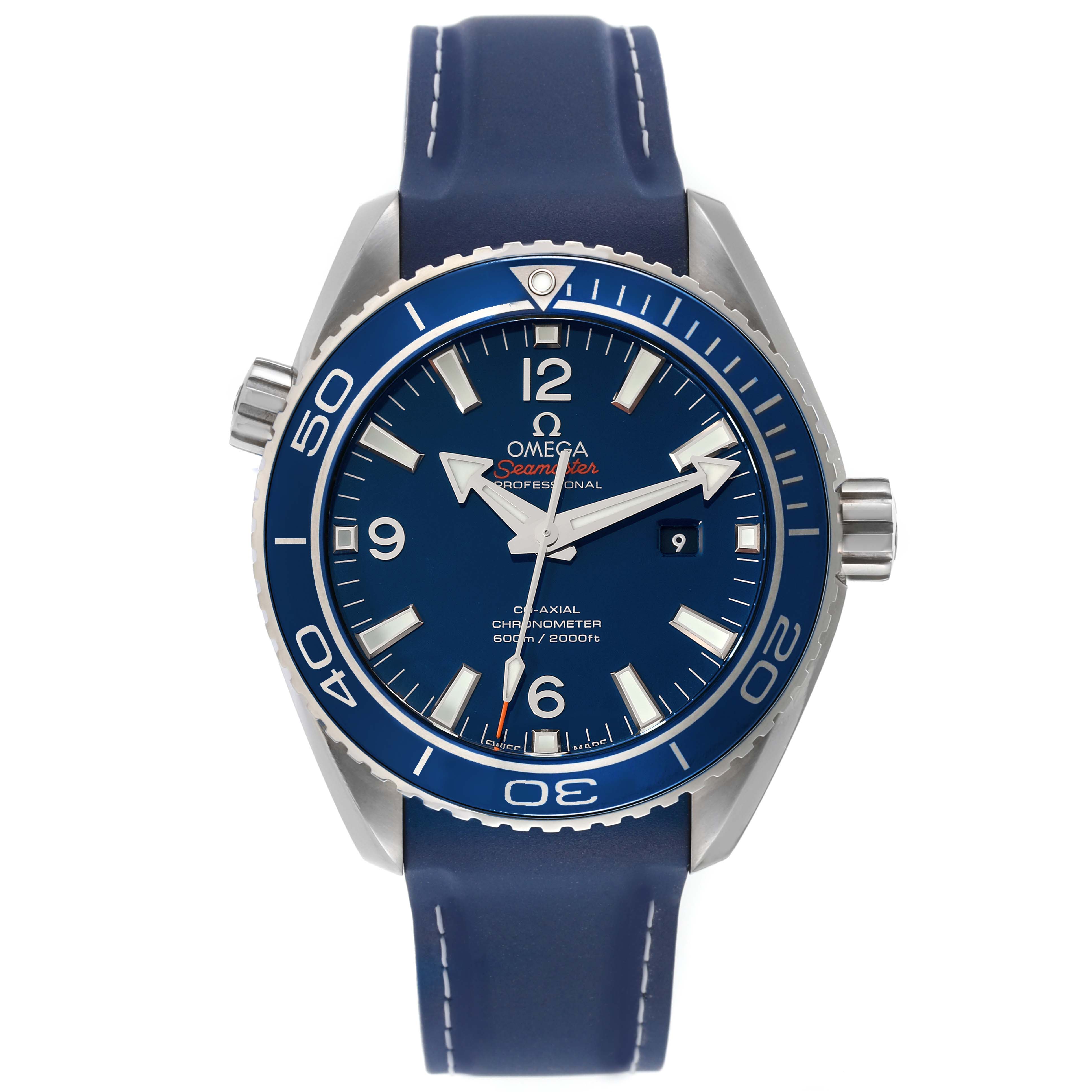 The image shows a front view of the Omega Planet Ocean 232.92.38.20.03.001 Men's Titanium Blue Dial 232.92.38.20.03.001 Men's Titanium Blue Dial watch, highlighting the dial, bezel, crown, and strap.
