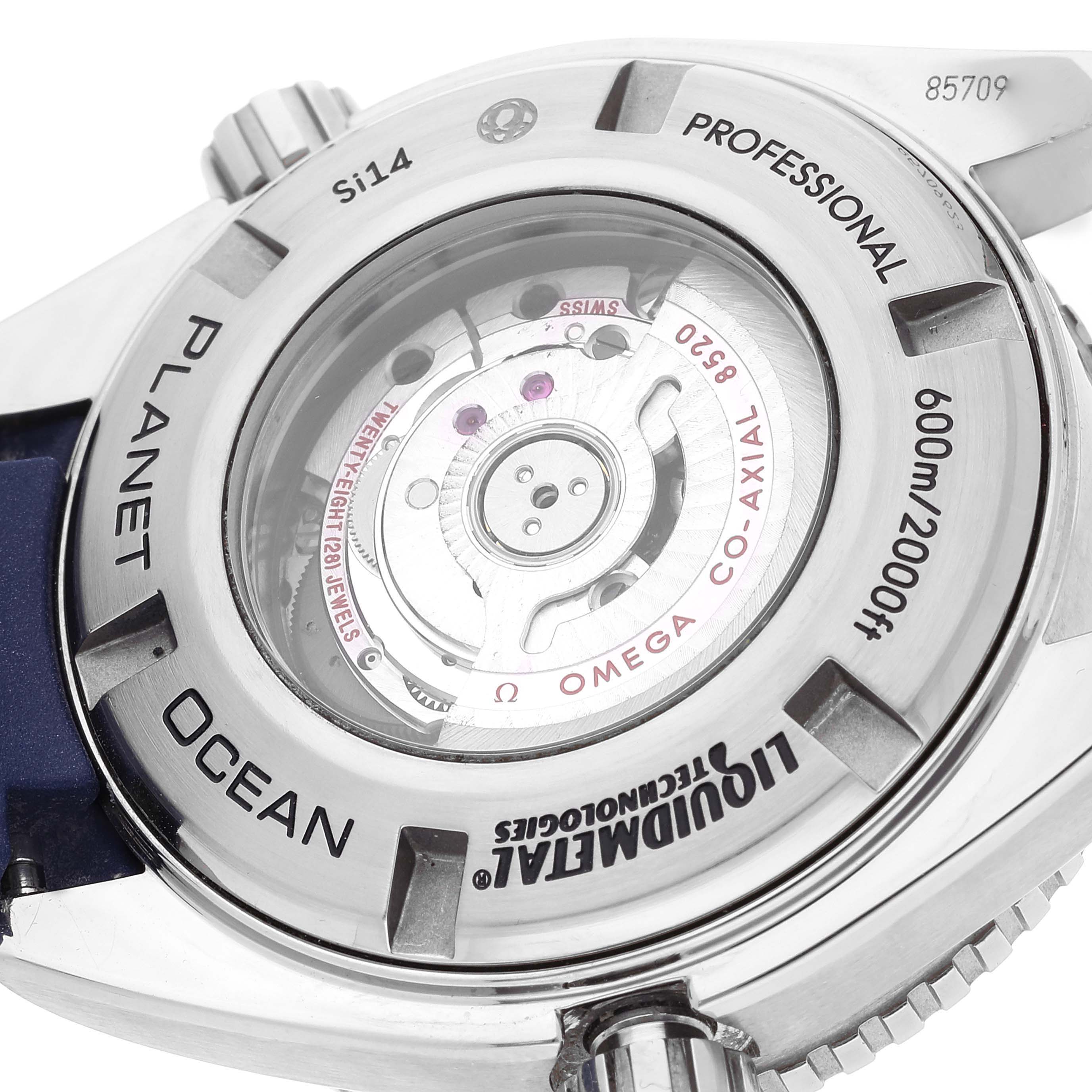 The image shows the back case of the Omega Planet Ocean 232.92.38.20.03.001 Men's Titanium Blue Dial 232.92.38.20.03.001 Men's Titanium Blue Dial watch, highlighting its movement mechanism and engravings.