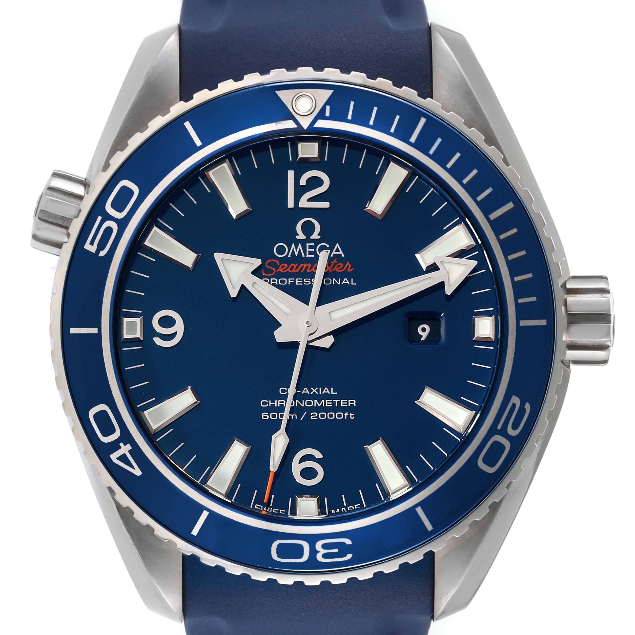 This image shows a frontal view of the Omega Planet Ocean 232.92.38.20.03.001 Men's Titanium Blue Dial 232.92.38.20.03.001 Men's Titanium Blue Dial Seamaster watch, detailing the dial, bezel, and crown.
