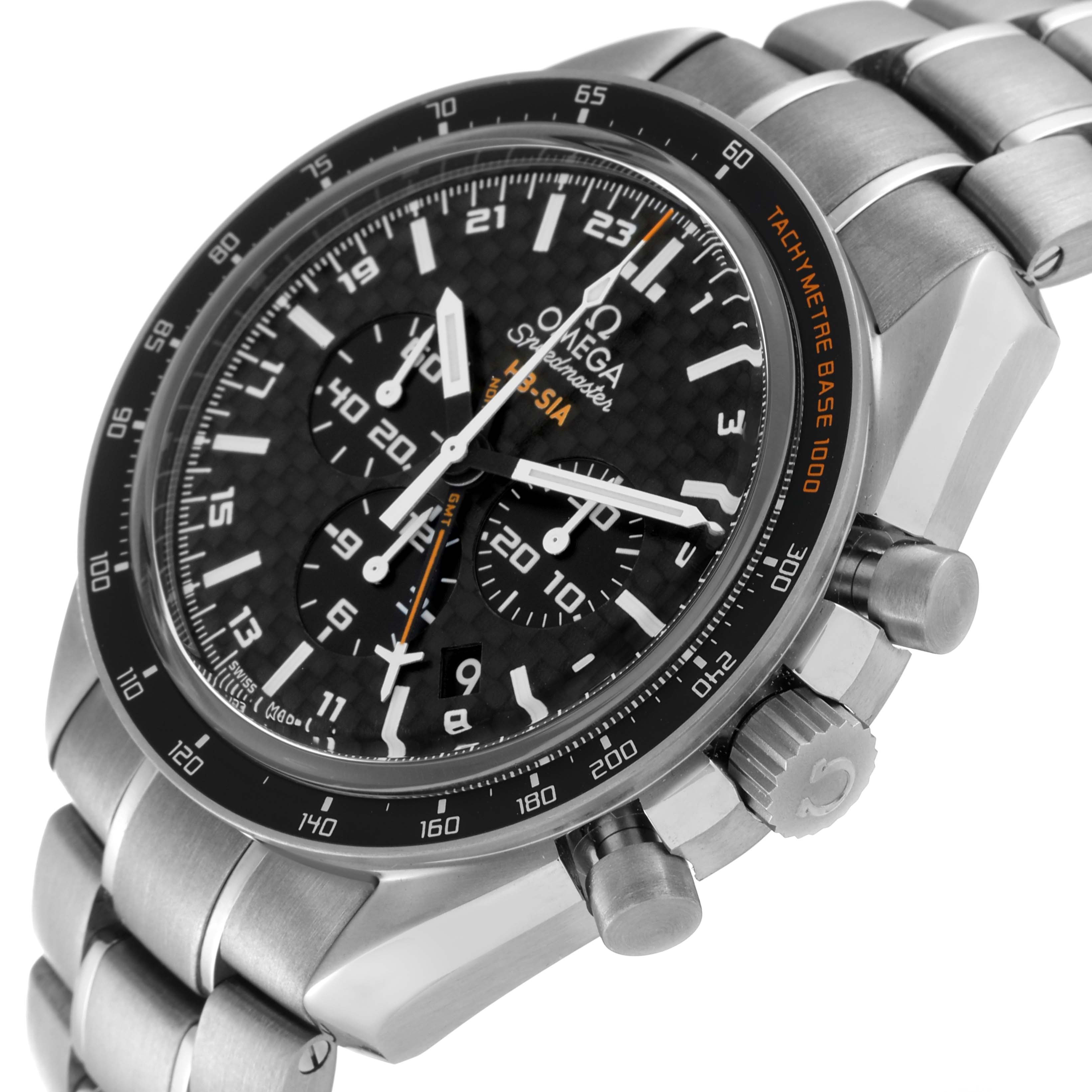 The image shows an angled view of an Omega Speedmaster 321.90.44.52.01.001 Men's Titanium Black Dial 321.90.44.52.01.001 Men's Titanium Black Dial watch, highlighting the dial, bezel, bracelet, and pushers.